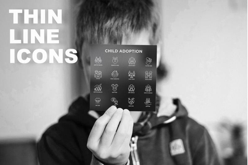child-adoption-16-thin-line-icons-set