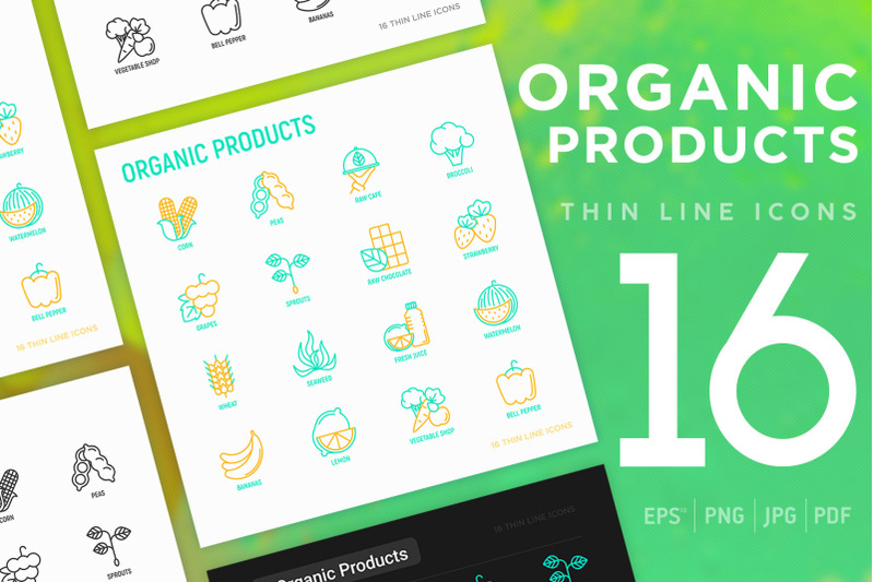 organic-products-16-thin-line-icons-set