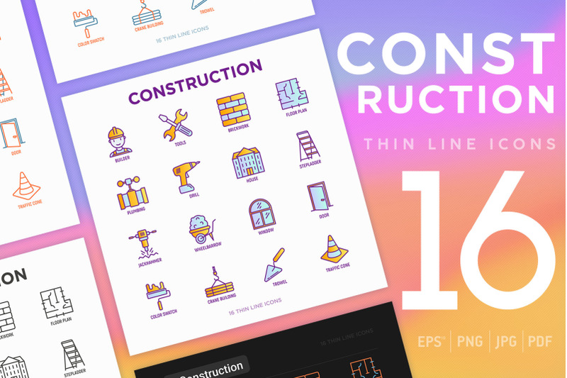 construction-16-thin-line-icons-set