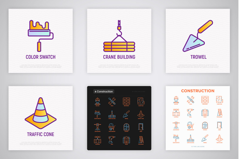 construction-16-thin-line-icons-set