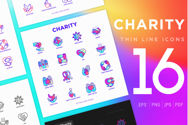 charity-16-thin-line-icons-set