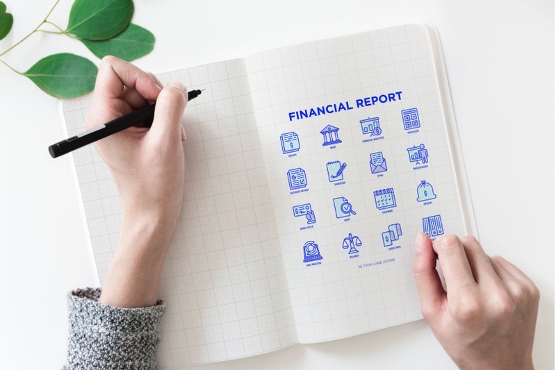 financial-report-16-thin-line-icons-set