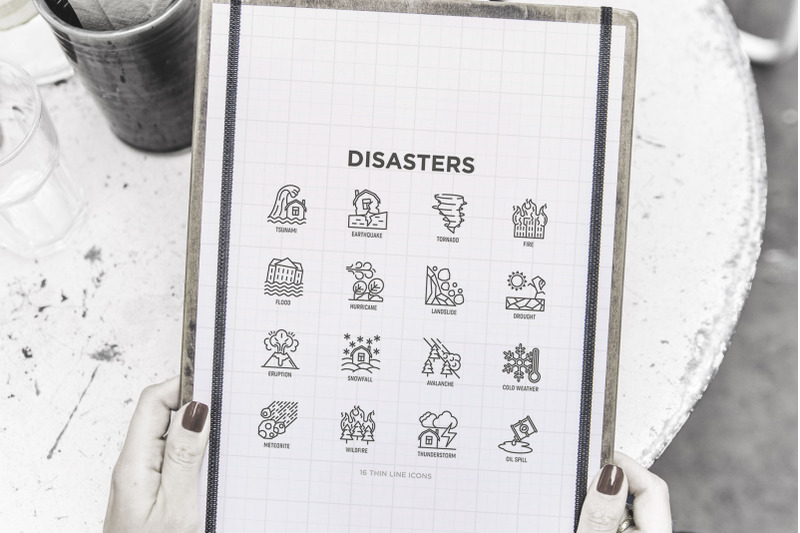 disasters-16-thin-line-icons-set