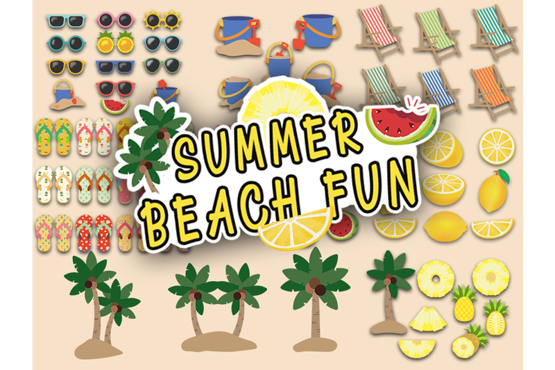 summer-beach-fun-tropical-clipart-and-stickers-huge-collection