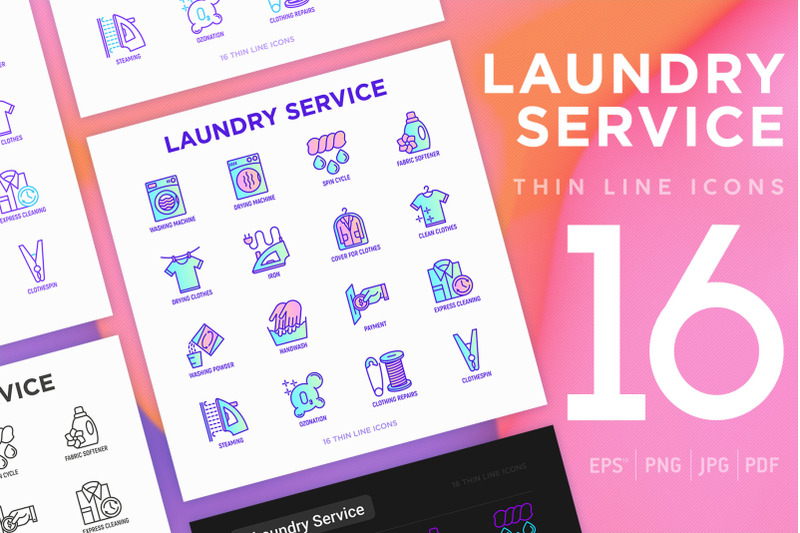 laundry-service-16-thin-line-icons-set