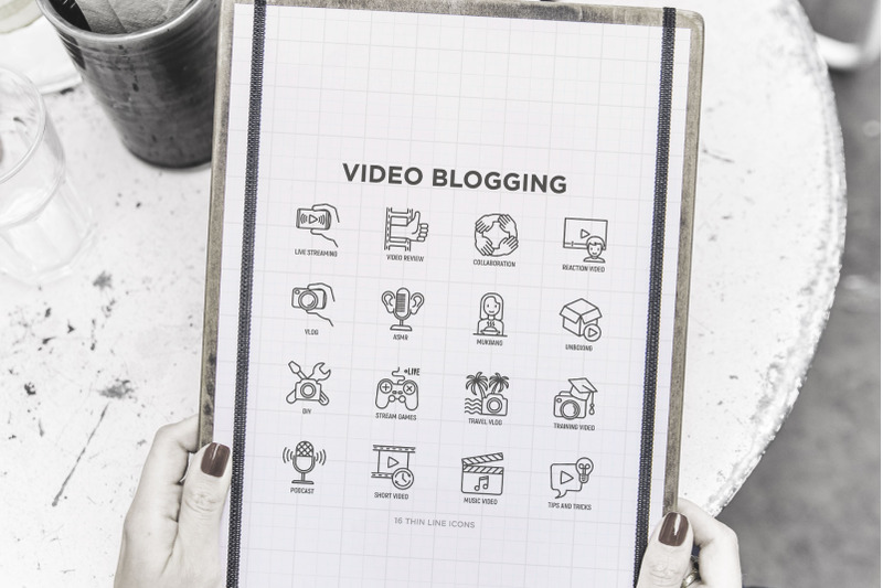 video-blogging-16-thin-line-icons-set