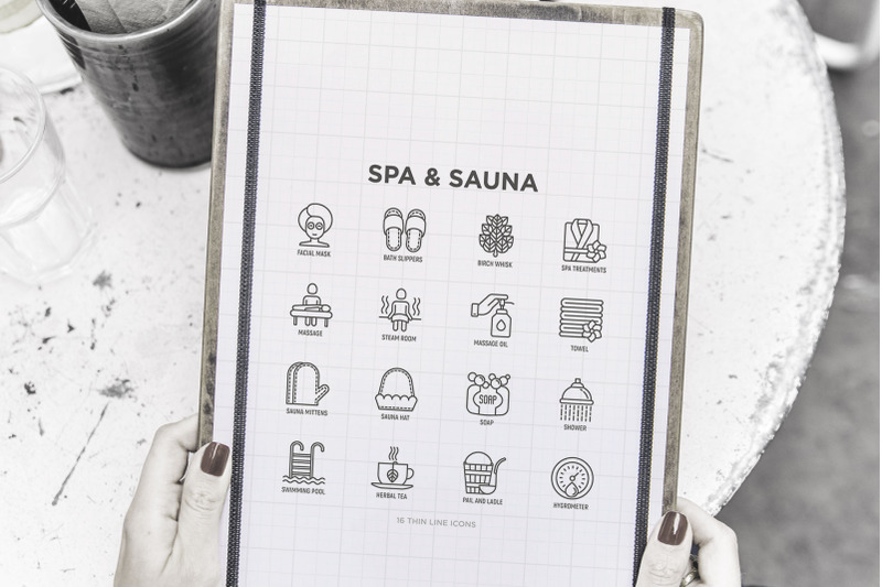 spa-and-sauna-16-thin-line-icons-set