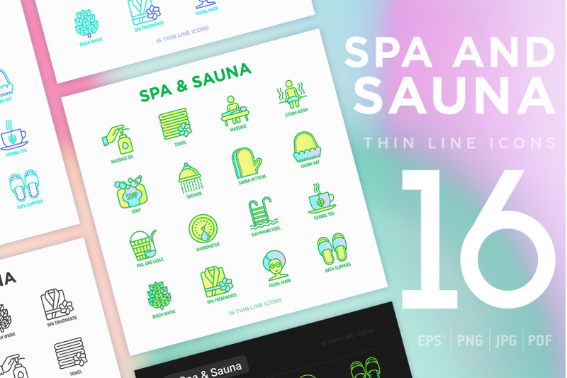 spa-and-sauna-16-thin-line-icons-set