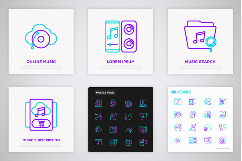 online-music-16-thin-line-icons-set