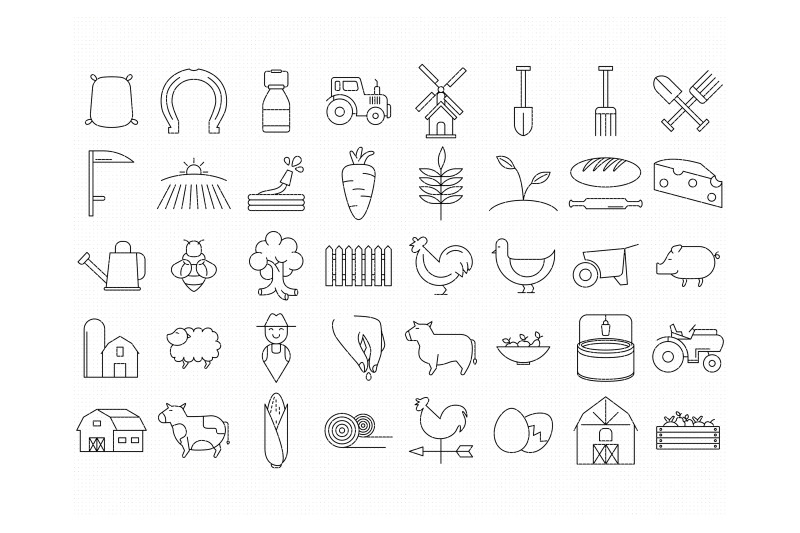farm-icons-and-symbols-tractor-crops-windmill-shovel-horseshoe