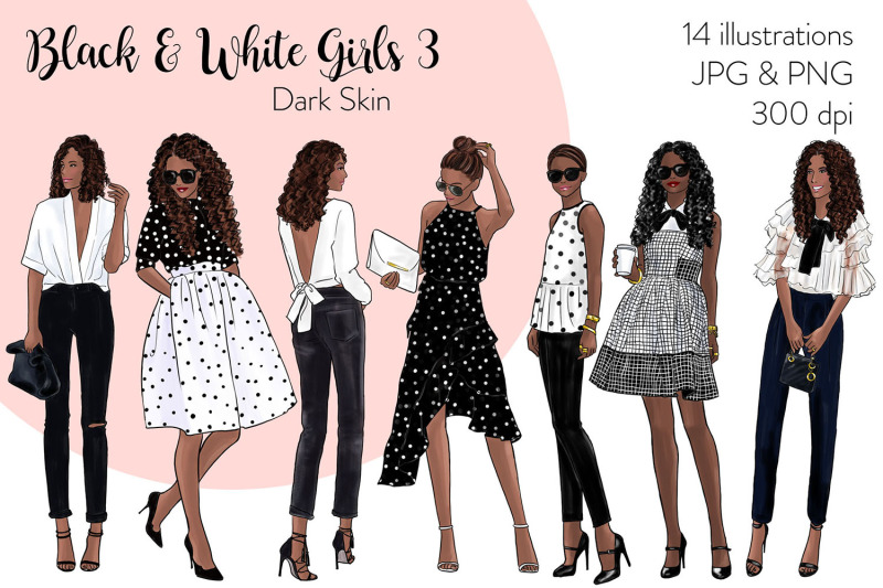 watercolor-fashion-clipart-black-amp-white-girls-3-dark-skin