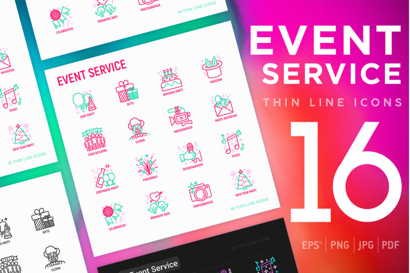 event-service-16-thin-line-icons-set