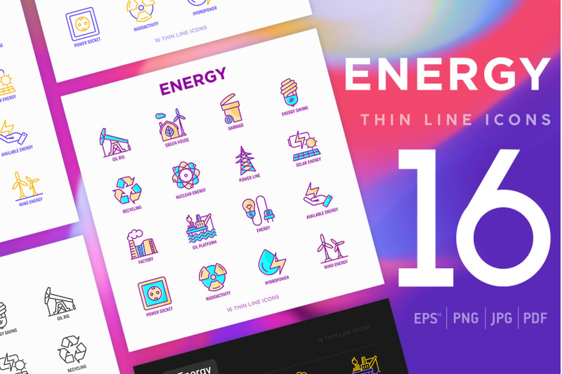 energy-16-thin-line-icons-set