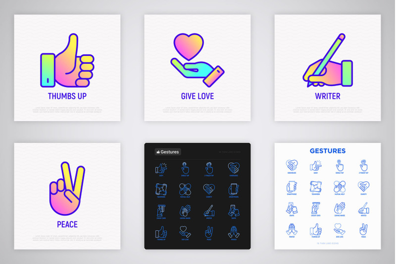 gestures-16-thin-line-icons-set