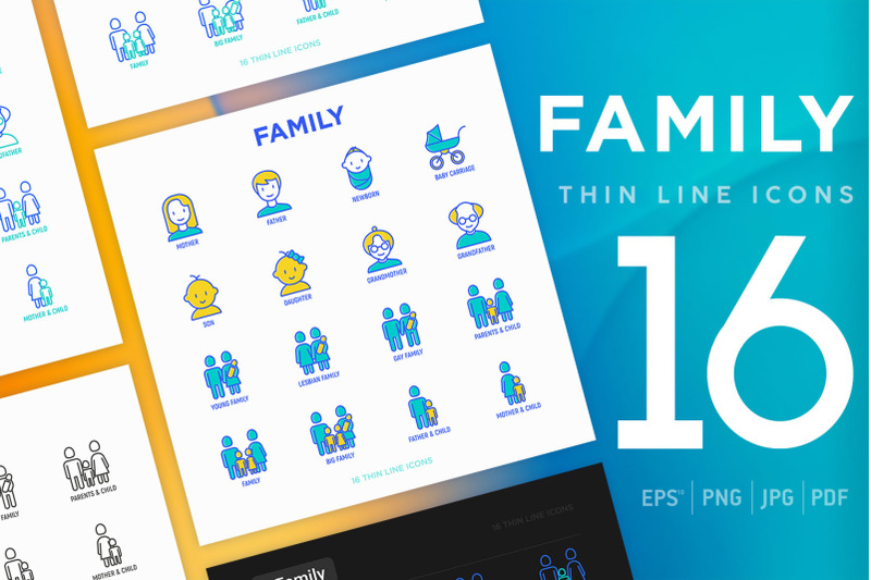 family-16-thin-line-icons-set