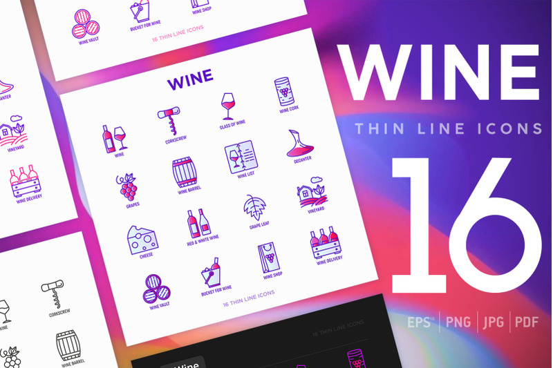 wine-16-thin-line-icons-set