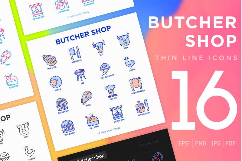 butcher-16-thin-line-icons-set