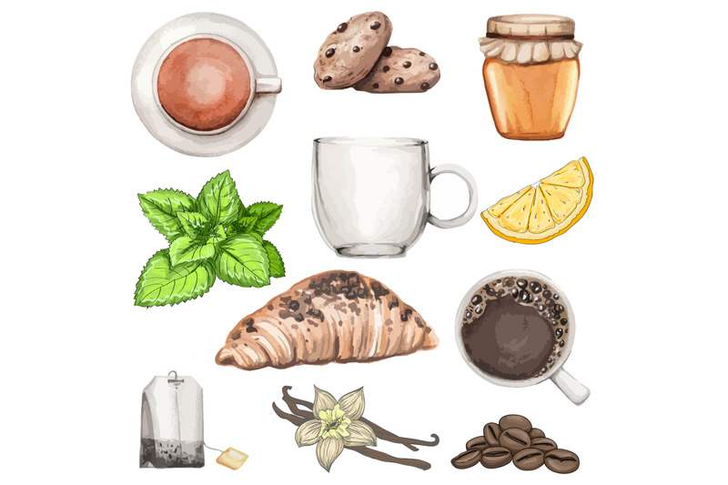 set-with-tea-coffee-cookies-and-croissant-vector-illustration