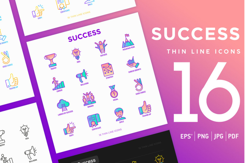 success-16-thin-line-icons-set