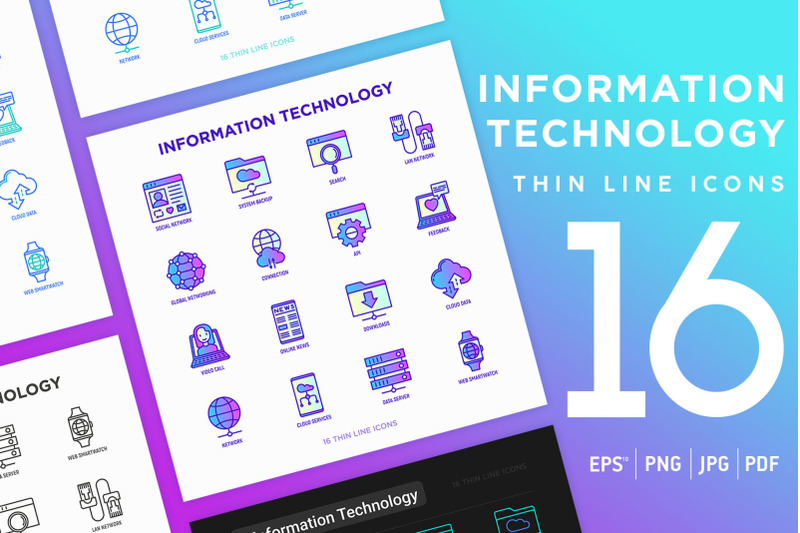 information-technology-16-thin-line-icons-set