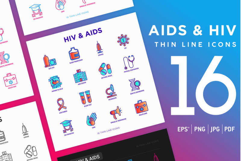 aids-amp-hiv-16-thin-line-icons-set
