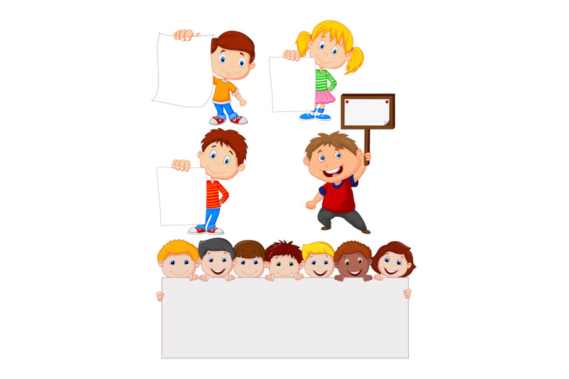 cartoon-children-holding-blank-sign-collection