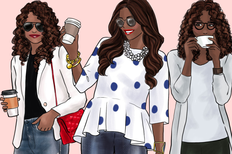 Watercolor Fashion Clipart - Coffee Girls 5 - Dark Skin By Parinaz ...
