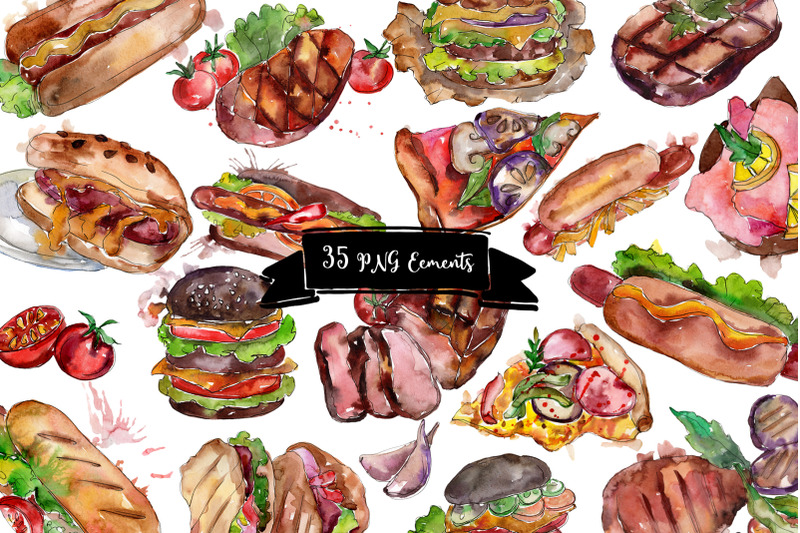 fast-food-hot-dog-watercolor-png