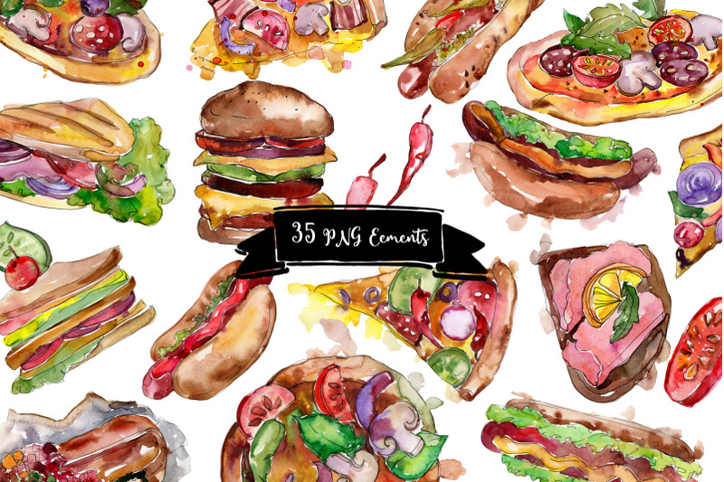 fast-food-hot-dog-watercolor-png