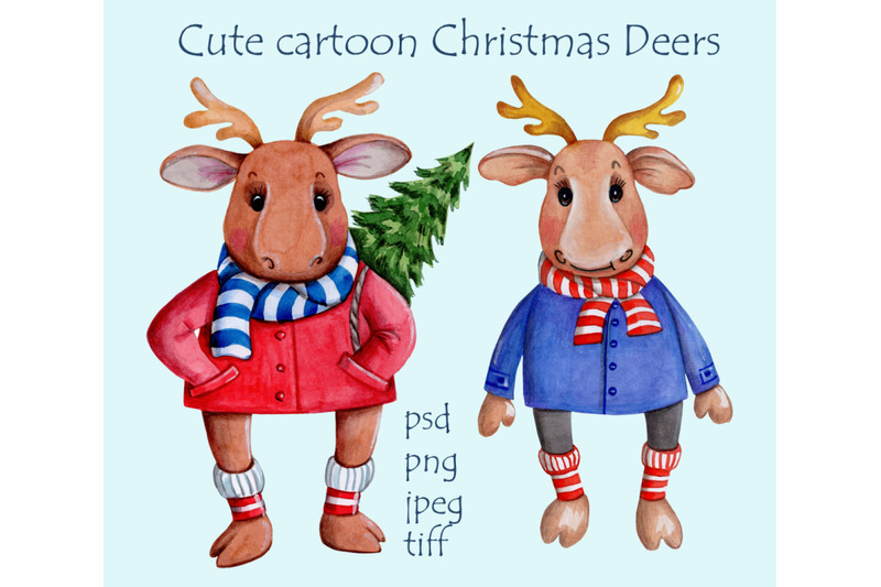 cute-cartoon-christmas-deers-watercolor-hand-drawn-illustration