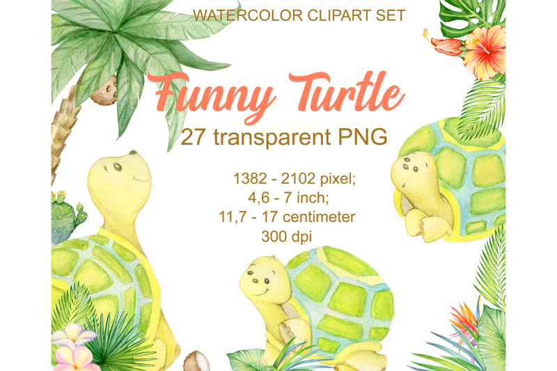 turtle-tropical-plants-watercolor-set-cute-tropical-turtles-childr