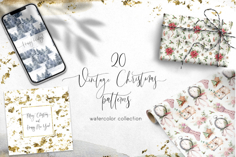 20-vintage-christmas-patterns-watercolor-bundle