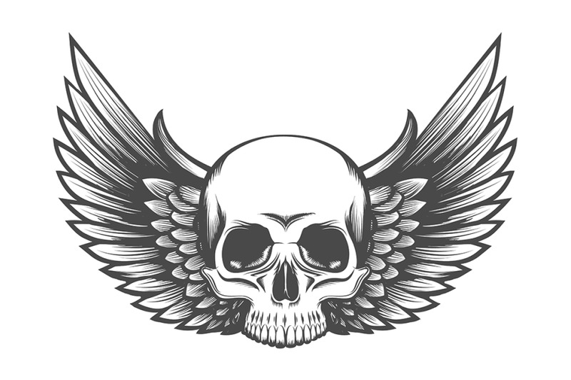 human-skull-with-wings-tattoo-drawn-in-engraving-style-vector-illustr