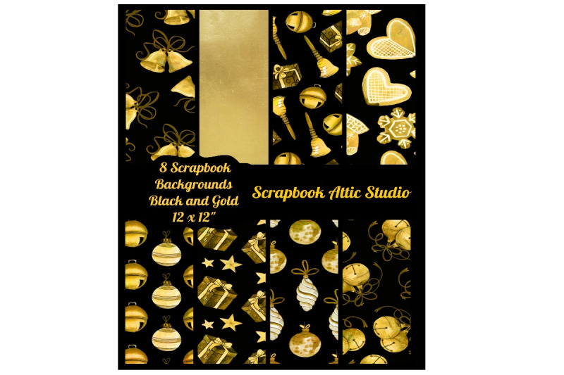 8-black-and-gold-holiday-papers-scrapbook-backgrounds-12-x12-quot
