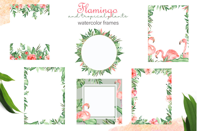 flamingo-and-tropical-plants-watercolor-collection