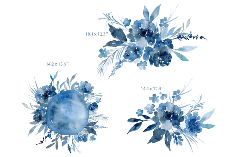 watercolor-navy-indigo-blue-flowers-bouquets-frames