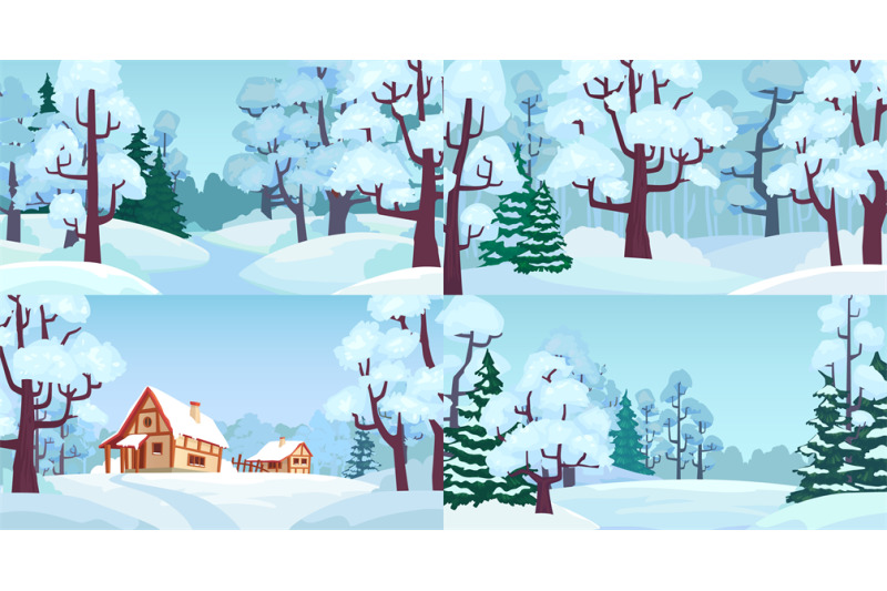 cartoon-winter-forest-landscapes-village-in-woods-with-snow-caps-on-h