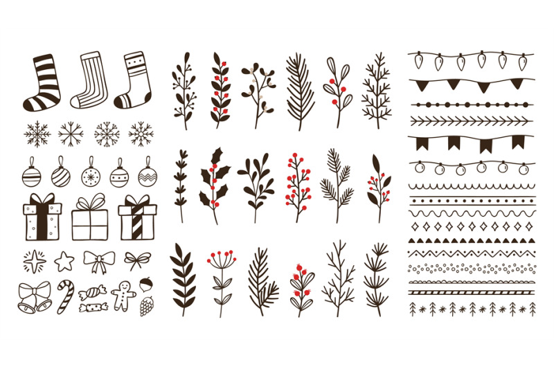 hand-drawn-ornamental-winter-elements-doodle-christmas-snowflake-flo