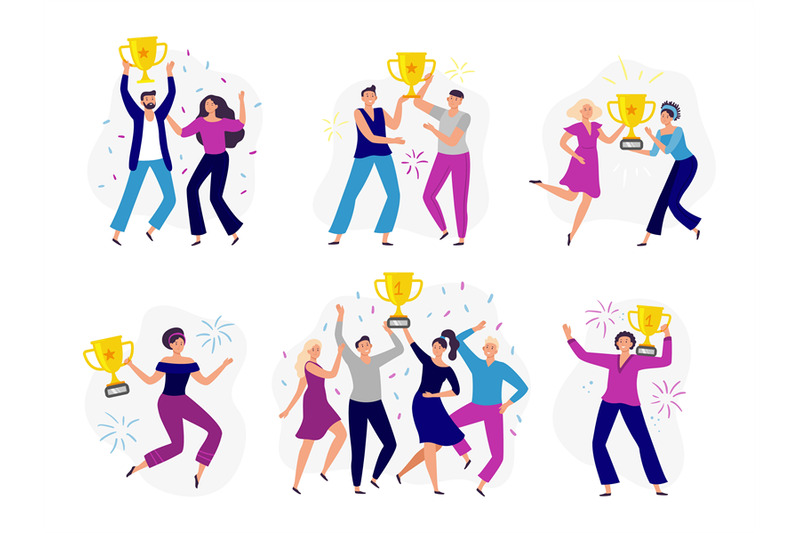 people-win-cup-couple-winners-man-and-woman-holding-gold-cup-succes