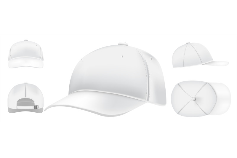 White cap mockup. Sport caps top view, baseball hat and ...
