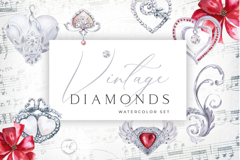 watercolor-vintage-diamonds-and-hearts