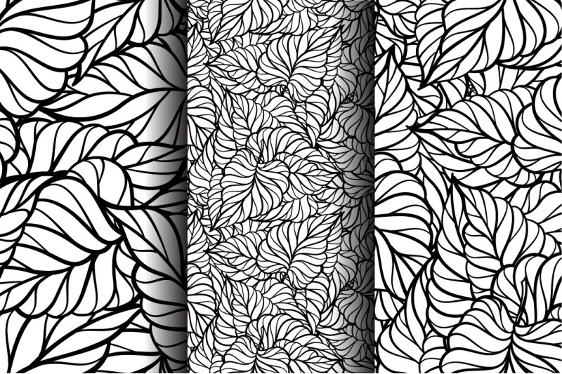 black-and-white-leaves-seamless-patterns-set