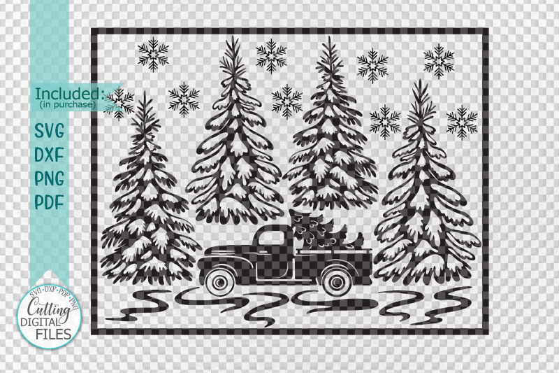 Download Christmas Truck With Trees Winter Scene Glass Block Sign Svg Pdf Desig By Kartcreation Thehungryjpeg Com