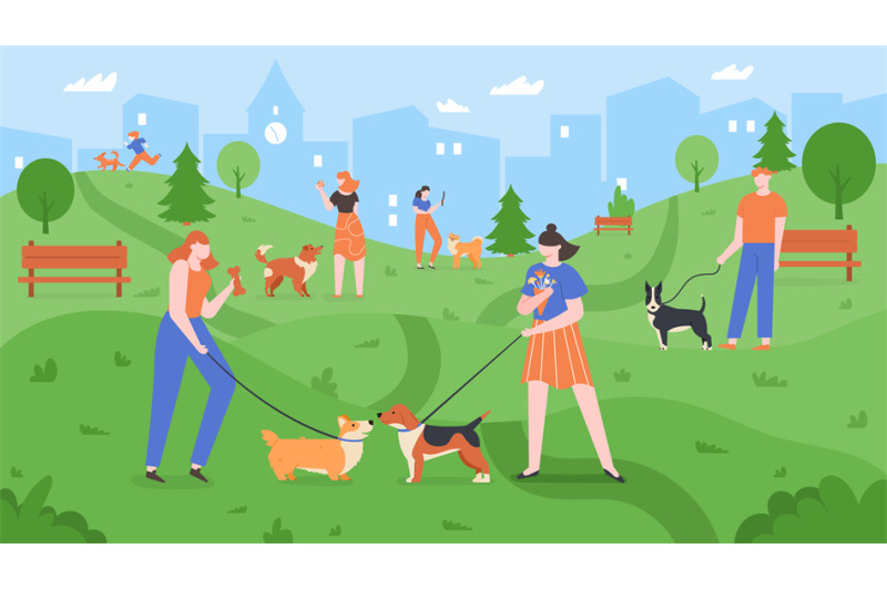 dogs-at-park-pets-playing-in-dog-park-people-walk-and-play-with-dogs