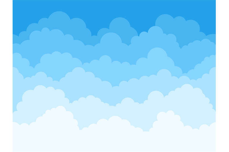 Cartoon sky clouds background. Fluffy clouds in blue sky, cloudscape s