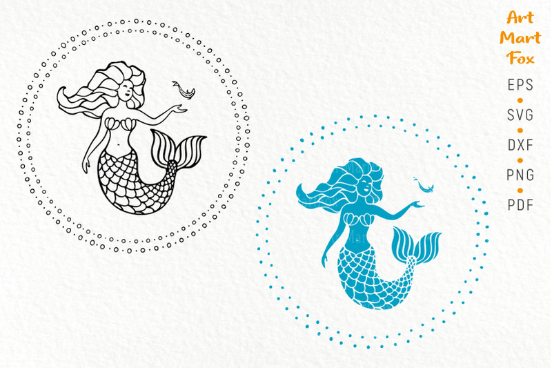 singing-mermaid-with-a-fish-cut-template-linear-contour-and-silhouet