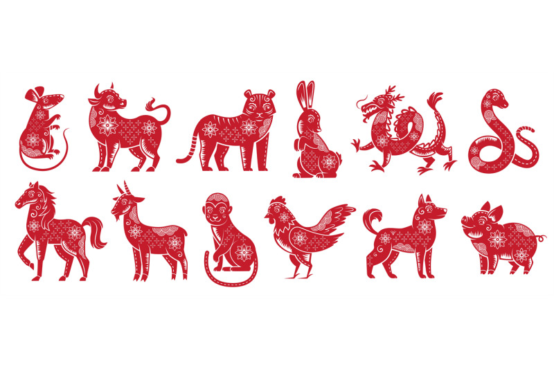 Chinese Zodiac New Year signs. Traditional china horoscope animals, re