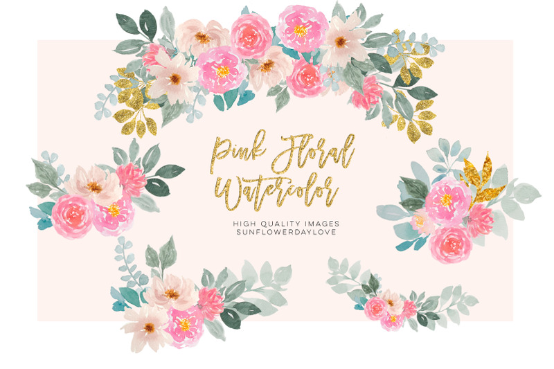 pink-and-gold-watercolor-floral-clipart-set