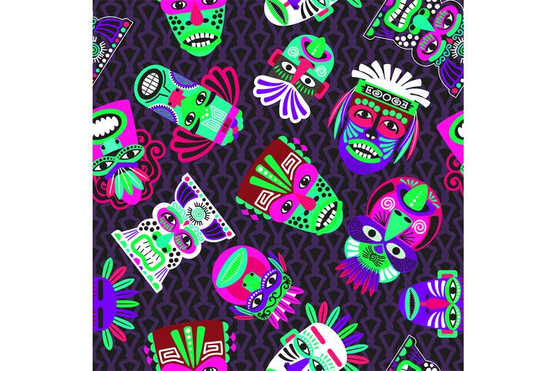 pink-and-green-masks-on-dark-seamless-pattern