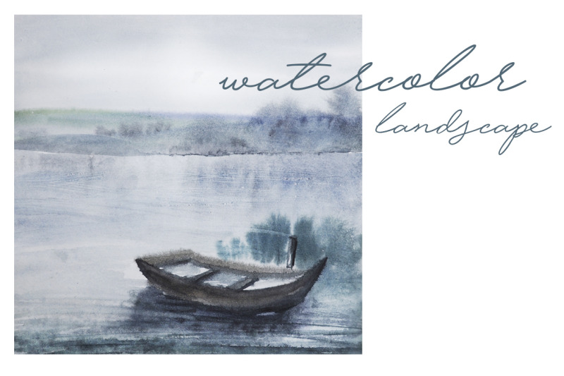 watercolor-landscape-with-a-lake-and-boat